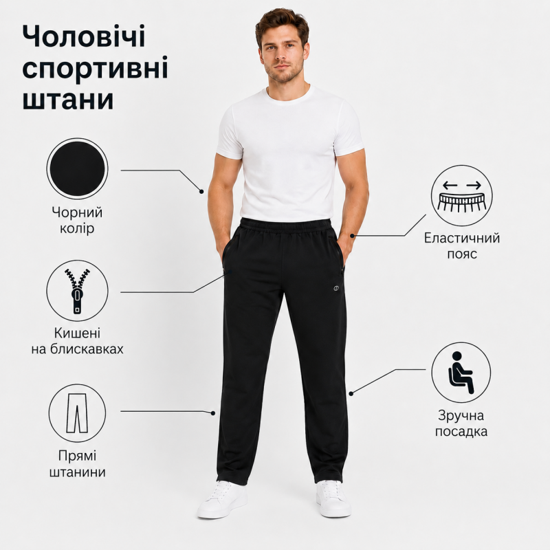 Чоловічі спортивні штани Lonn прямі без манжету - полірована бавовна, 3 кишені на блискавках, L, Чорний