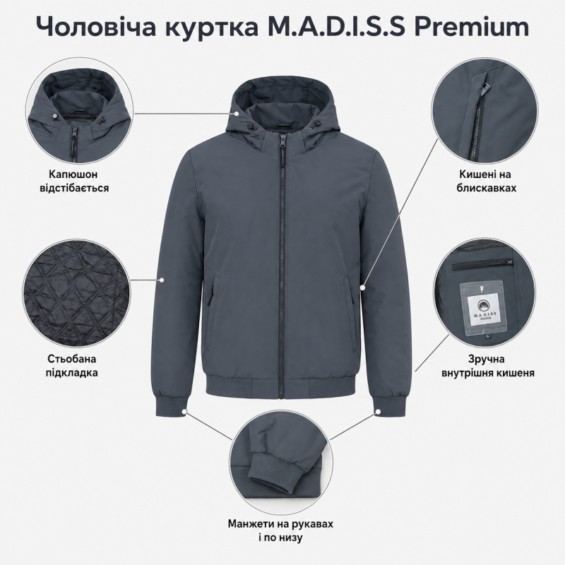 Куртка демисезонная M.a.d.i.s.s. мужская больших размеров с капюшоном,Графит, 9XL