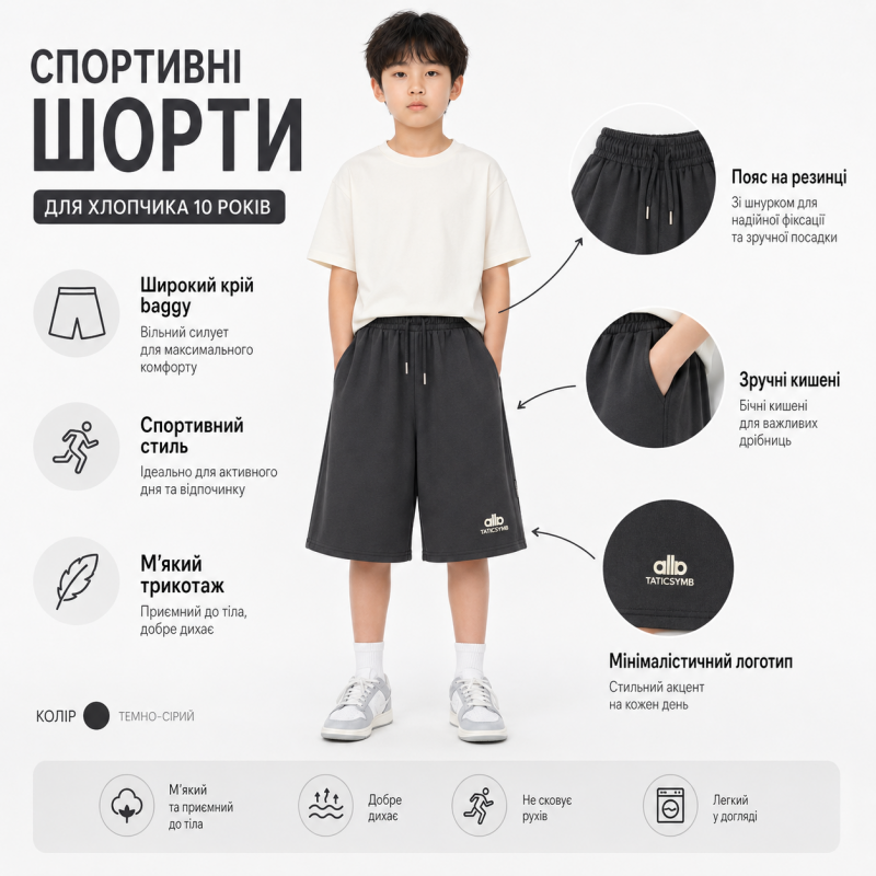 Шорти KDBB для підлітка 10-15 років широкі спортивні баггі трикотажні, 152, Графіт