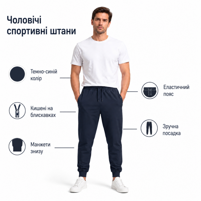 Спортивні штани Lonn чоловічі з манжетом - полірована бавовна, 3 кишені на блискавці, XL, Темно-синій