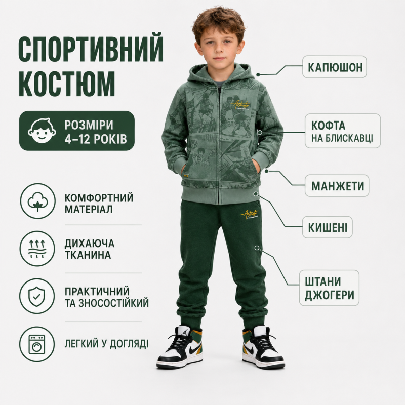 Спортивный костюм Happy House для мальчика 4-12 лет кофта на молнии, Изумрудный 110-116