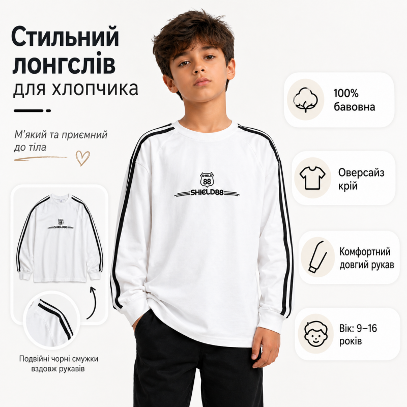 Лонгслів JP для хлопчика оверсайз 9-16 років тонка 100% бавовна футболка з довгим рукавом,Білий, 164