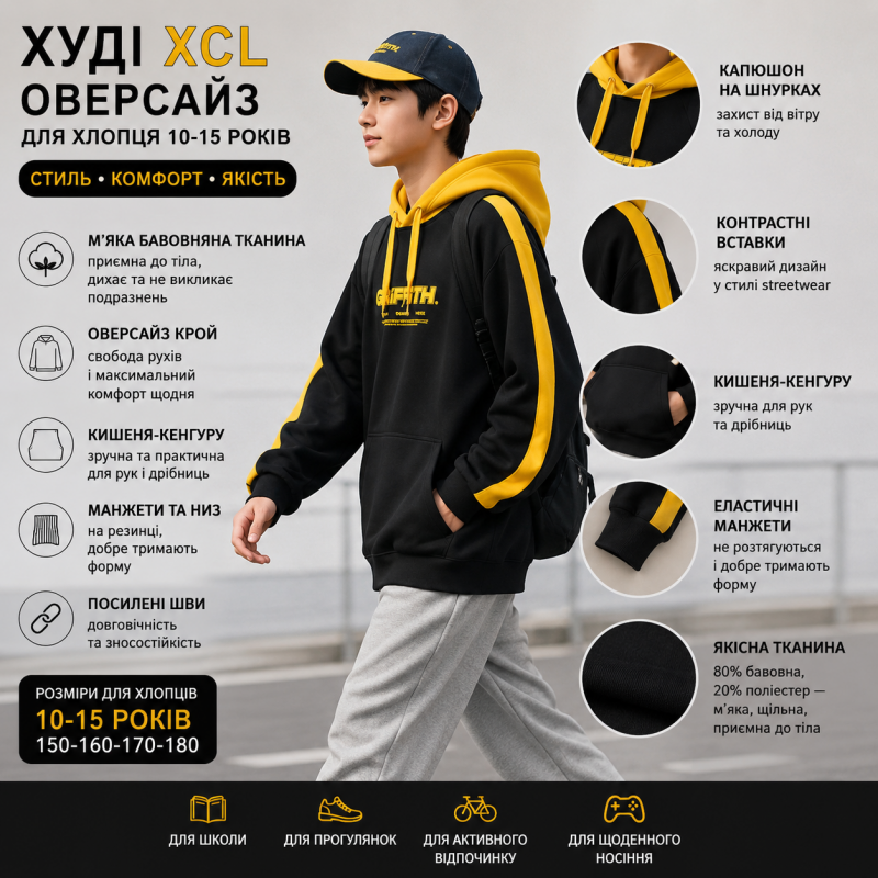 Худі XCL оверсайз для хлопчика 10-15 років зі смугою,Чорний, 152
