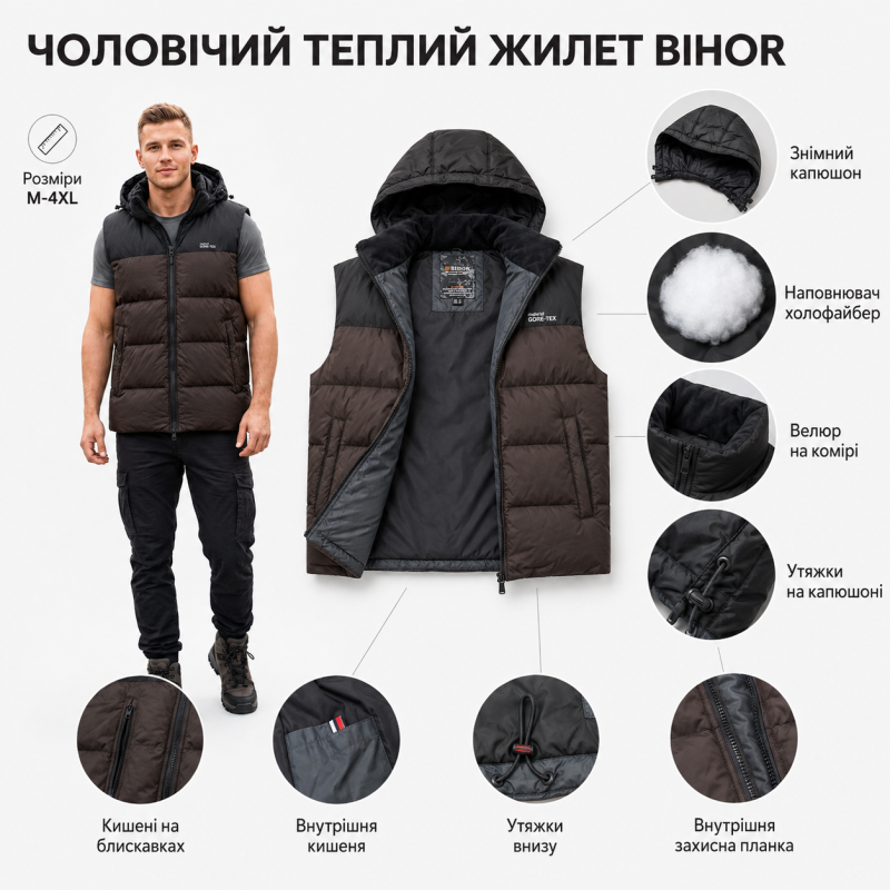 Жилет мужской Bihor утепленный Core-Tex,M, Темный шоколад