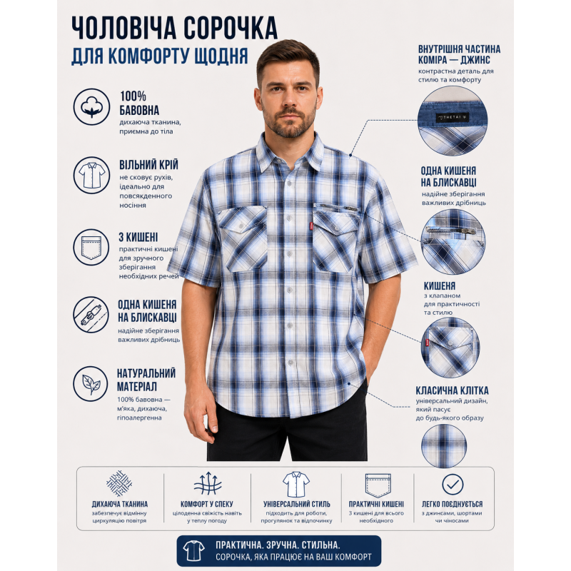 Мужская рубашка Gold Golf Man в клетку из 100% хлопка с коротким рукавом,4XL, Белый с синим