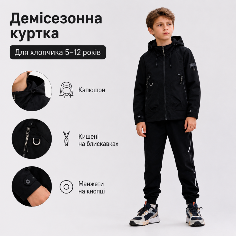 Демісезонна куртка Happy House для хлопчика 5-14 років зі знімним капюшоном, Чорний, 146-152