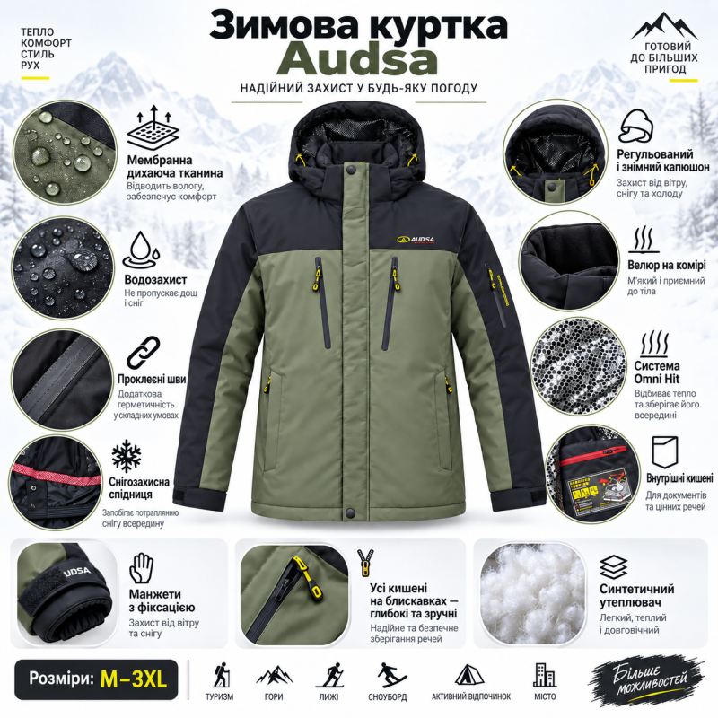 Термокуртка зимняя Audsa мужская M-3XL мембранная Omni-Heat,XXXL, Хаки