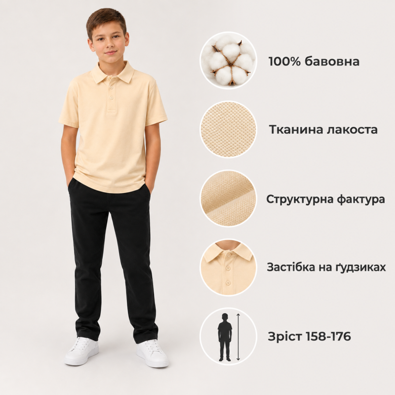 Футболка поло SOOW для мальчика 12-18 лет 100% хлопок,Песочный,164