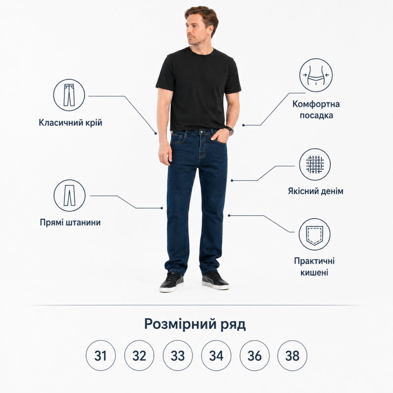 Джинси чоловічі BaSanJiu прямі — темно-синій денім, розміри 31-38, 38 темно-синій
