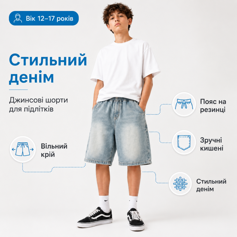 Джинсові шорти Q-Bufan для хлопчика підлітка baggy широкі 12-17 років, 158, Блакитний