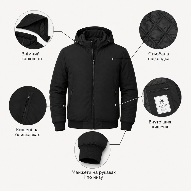 Куртка демисезонная M.a.d.i.s.s. мужская больших размеров с капюшоном,Черный, 6XL