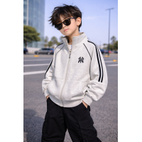 Зип худи для мальчика oversize KBYG на молнии без капюшона воротник стойка плотное,Светло-серый,  140
