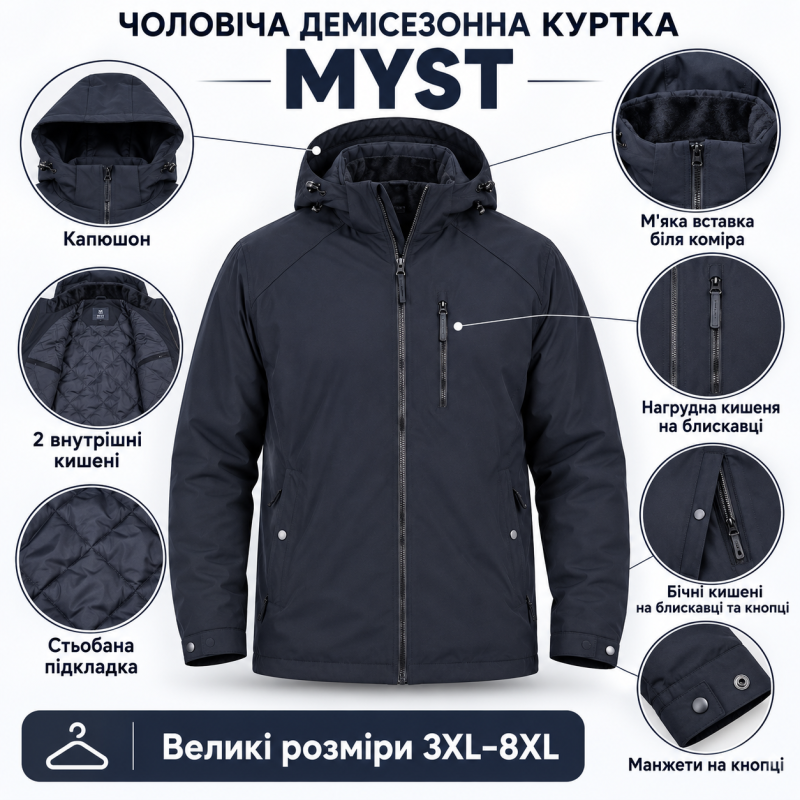 Куртка мужская Myst демисезонная 3XL-8XL непромокаемая,Темно-синий, XXXL