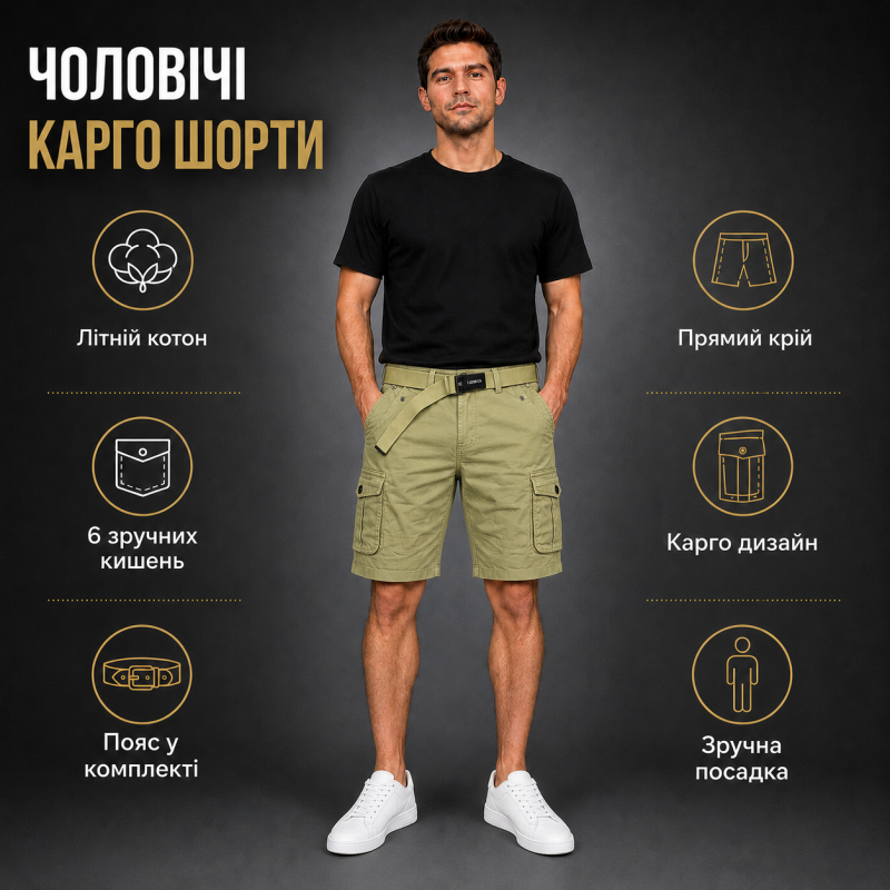 Чоловічі шорти Lionesa карго з ременем — літні шорти коттонові з 6 кишенями,40, Оливковий
