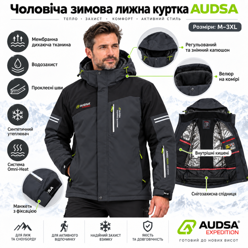 Куртка термо зимняя Audsa мужская M-3XL лыжная,Графит,L