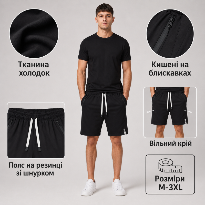 Мужские шорты NК с карманами на молниях M-3XL,Черный, L