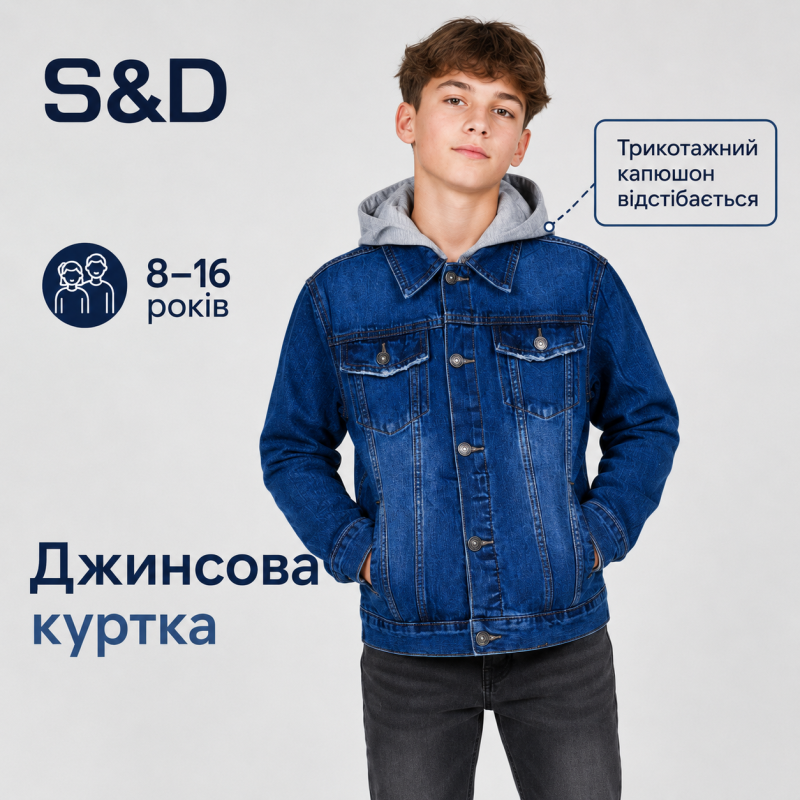 Куртка джинсовая S&D для мальчика 8-16 лет с капюшоном, 164, Синий