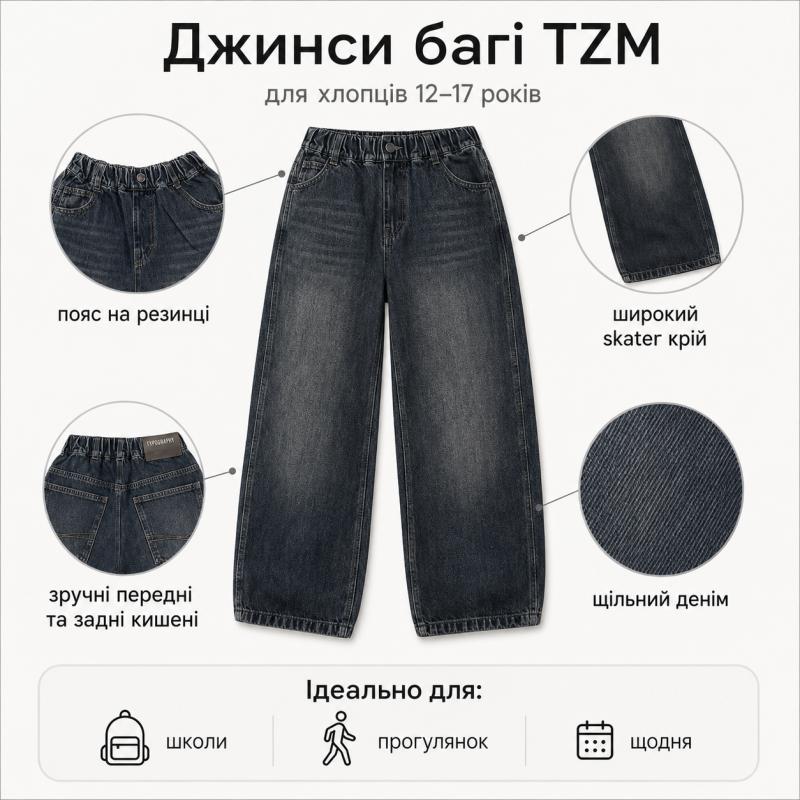 Джинсы TZM багги для мальчика 12-17 лет широкие, Темно-синий 152
