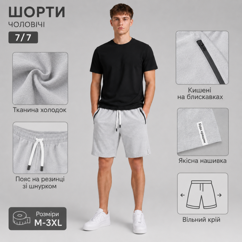 Чоловічі шорти NК з кишенями на блискавках M-3XL,Сірий, M