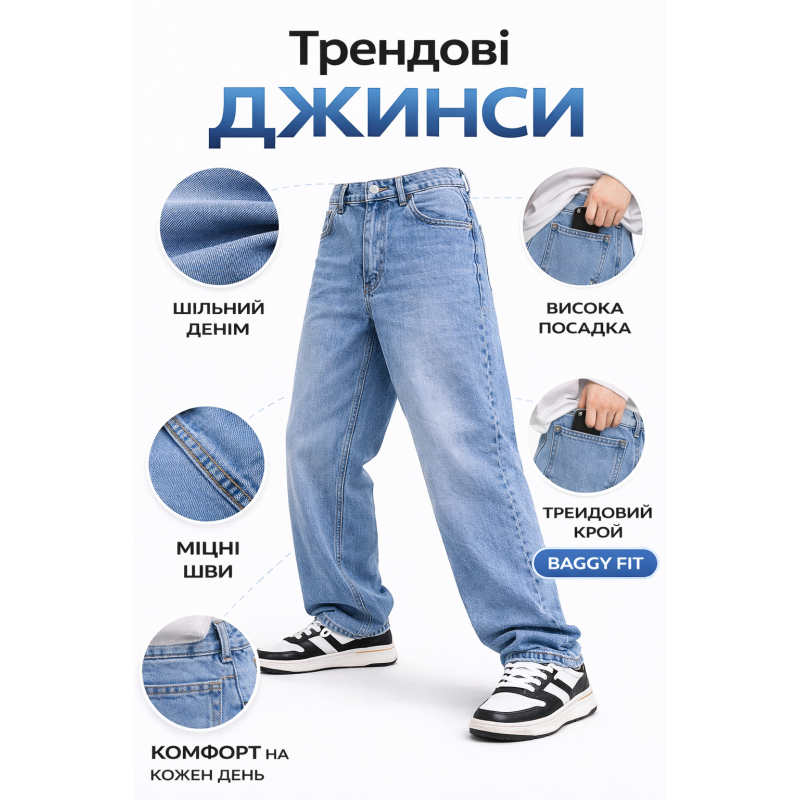 Широкі джинси Willmen баггі для хлопчика-підлітка,27 Блакитний