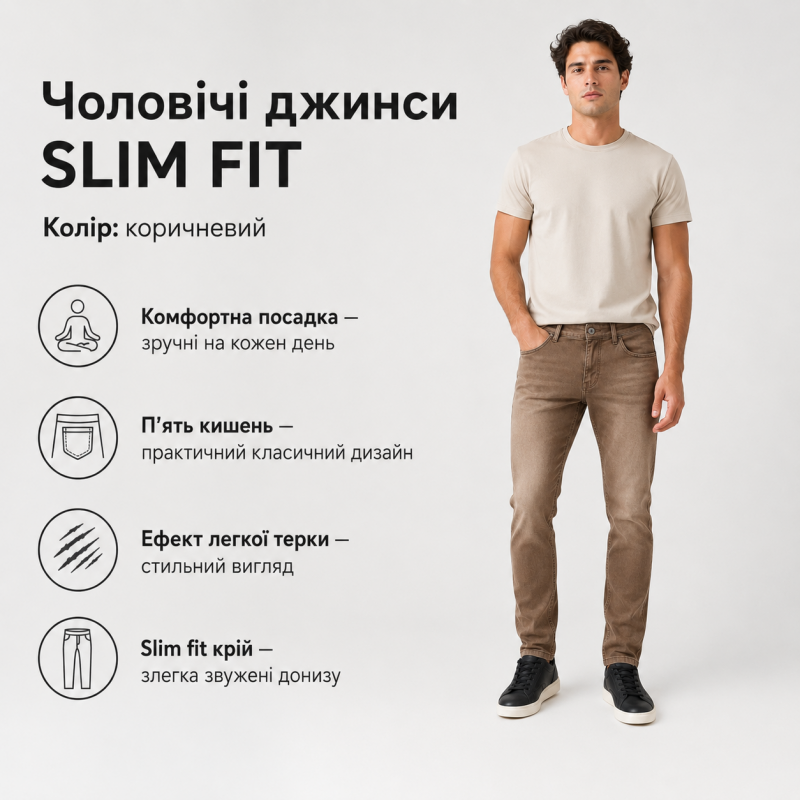 Чоловічі джинси CDEVOIR slim fit звужені, 34, Коричневий