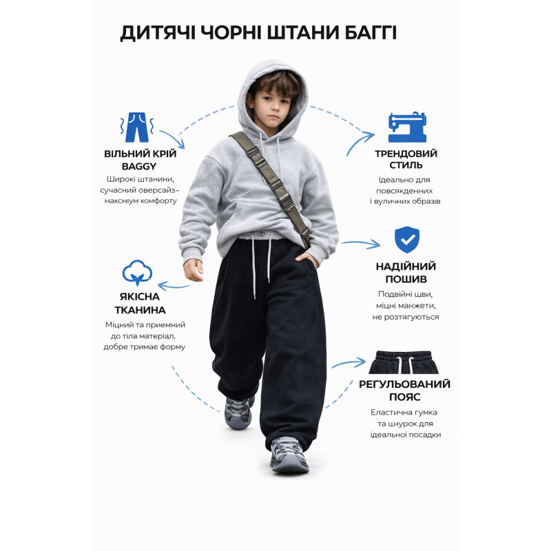 Дитячі спортивні штани баггі KDBB для хлопчика широкі трикотажні оверсайз streetwear,Чорний ,140