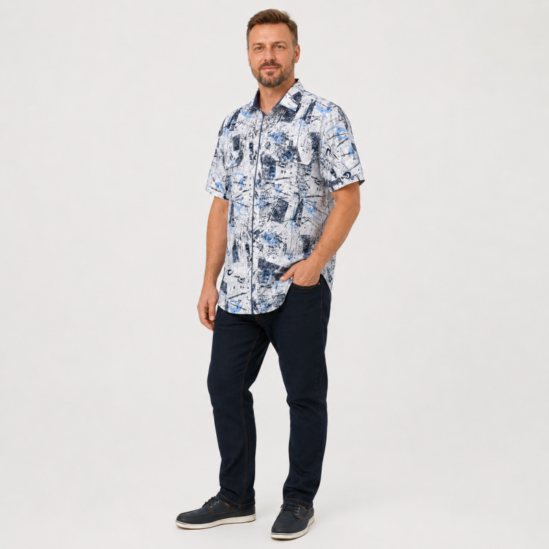 Мужская рубашка Gold Golf Man лен хлопок короткий рукав XL-5XL,4XL, Белый с синим