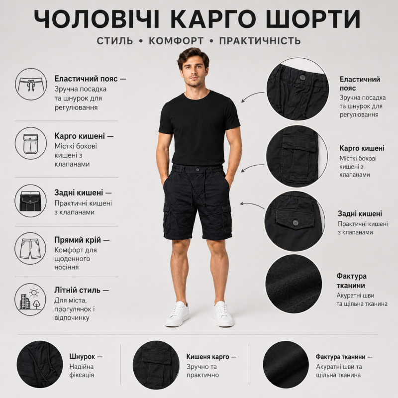 Чоловічі шорти Iteno Lionesa карго на гумці - літня модель з кишенями,30, Чорний