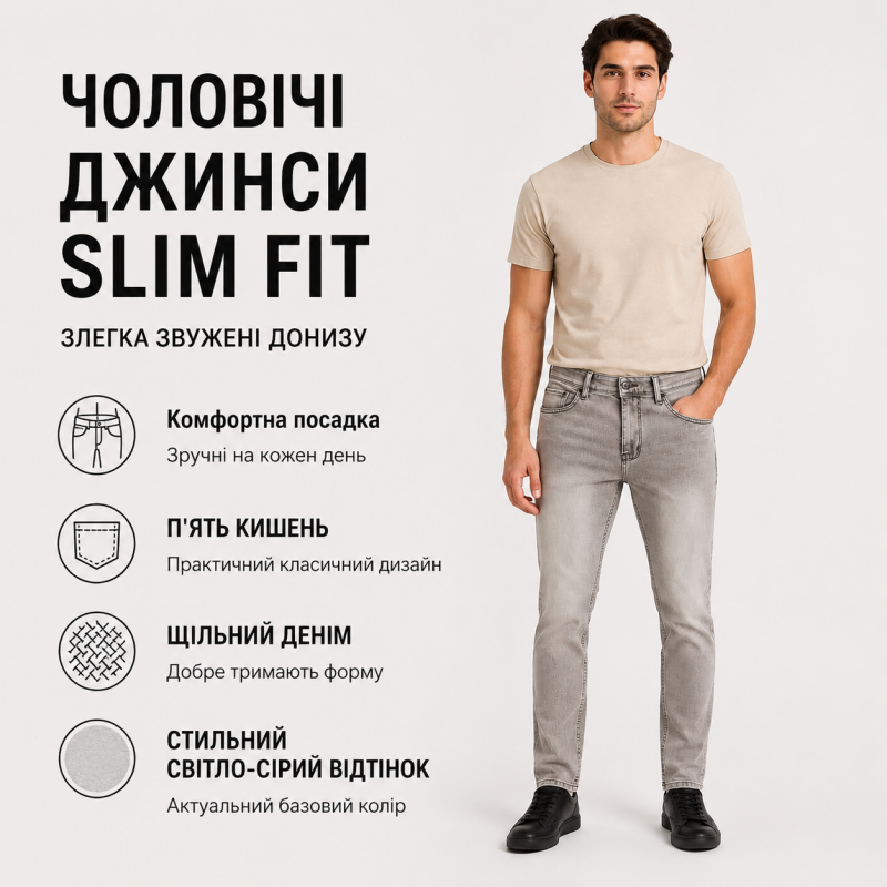 Чоловічі джинси CDEVOIR slim fit звужені, 32 Світло-сірий