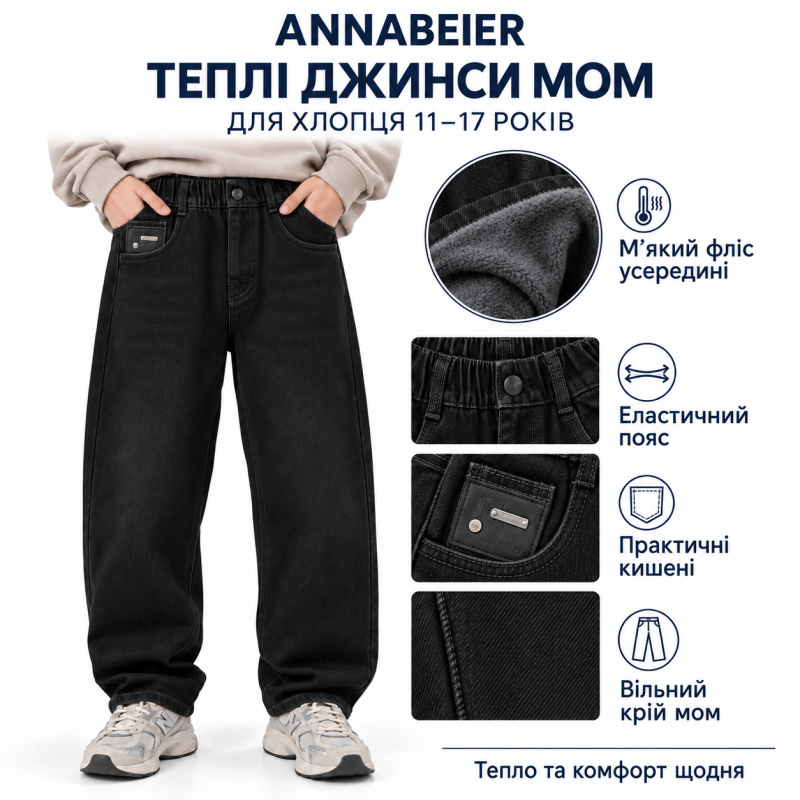 Теплые джинсы Annabeier Mom Wide для мальчика,Черный 158