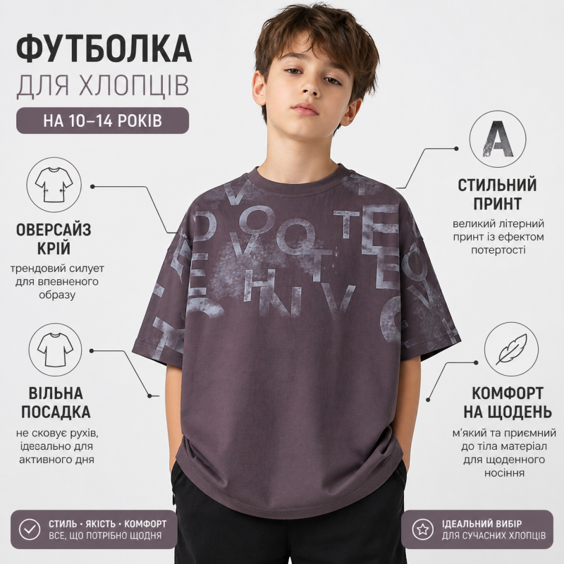 Футболка оверсайз Qilizai для хлопчика 9-15 років з літерами та написами підліткова, Темний шоколад, 140