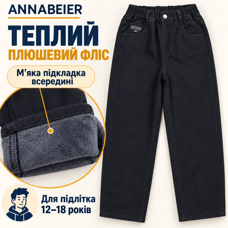 Теплые джинсы Annabeier Mom для мальчика свободного кроя,Черный 180