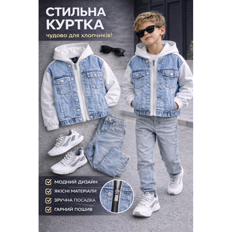 Джинсова куртка для хлопчика Happy House 7-16 років з трикотажними рукавами,122-128, Білий