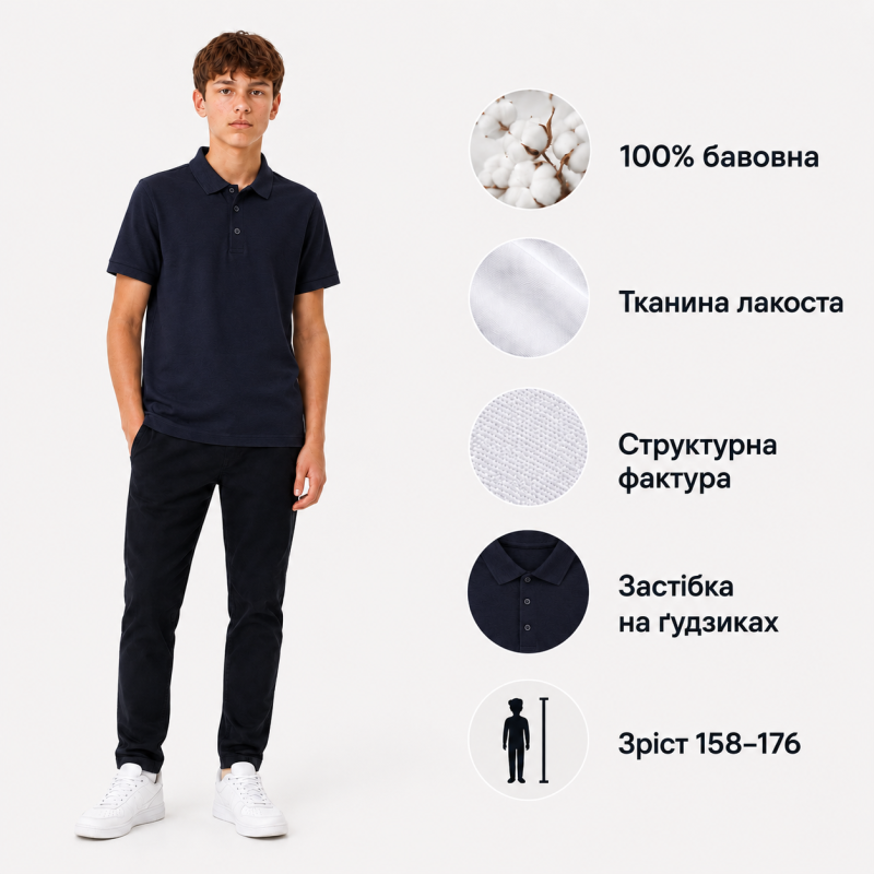 Футболка поло SOOW для мальчика 12-18 лет 100% хлопок,Темно-синий,164