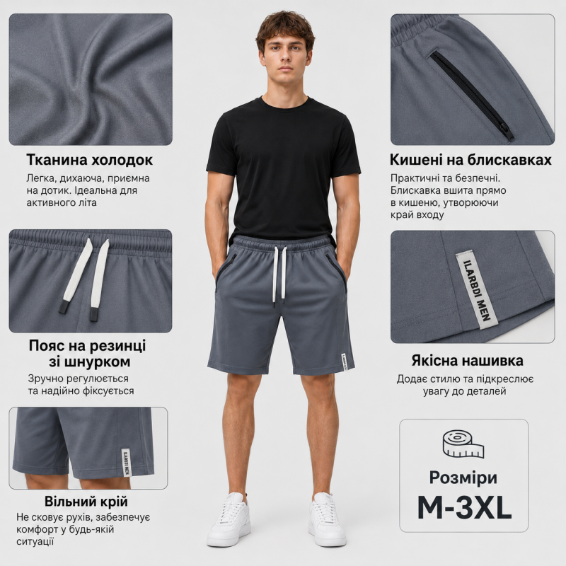 Мужские шорты NК с карманами на молниях M-3XL,Графит, XXL
