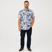 Мужская рубашка Gold Golf Man лен хлопок короткий рукав XL-5XL,5XL, Белый с синим