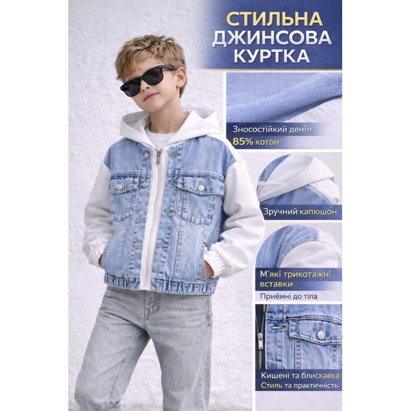 Джинсова куртка для хлопчика Happy House 7-16 років з трикотажними рукавами,146-152, Білий