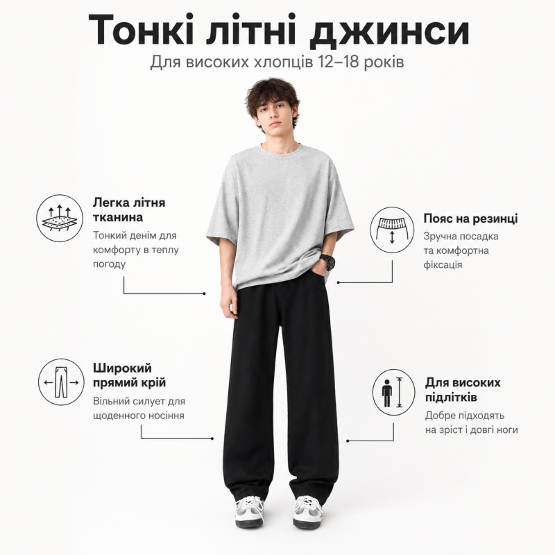 Широкі літні джинси AMXK для підлітка 12-18 років - baggy на резинці для високих, Чорний