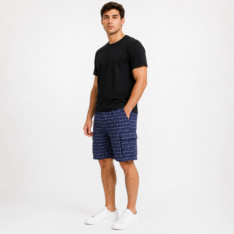 Шорты мужские Sport в клетку 2XL-6XL — летние карго шорты на резинке,Темно-синий, 5XL