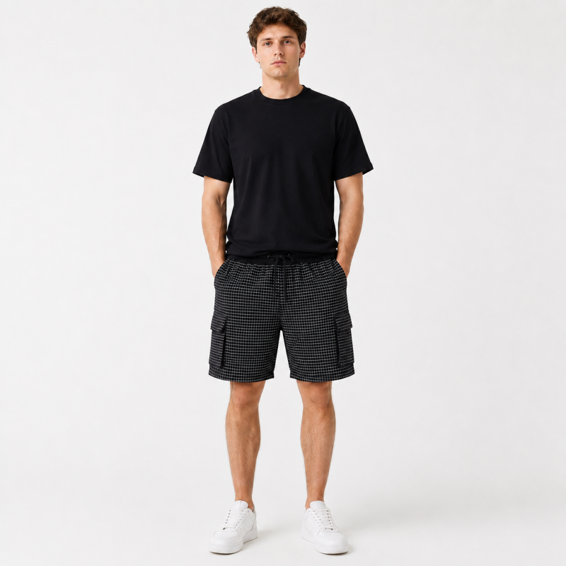 Шорты мужские Sport в клетку 2XL-6XL — летние карго шорты на резинке,Черный, 4XL