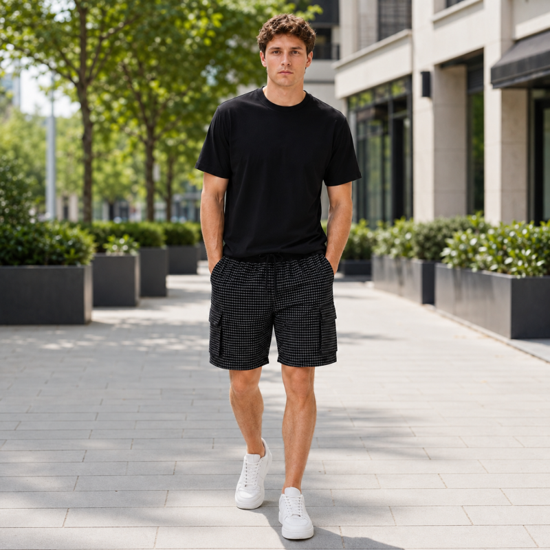 Шорты мужские Sport в клетку 2XL-6XL — летние карго шорты на резинке,Черный, 4XL