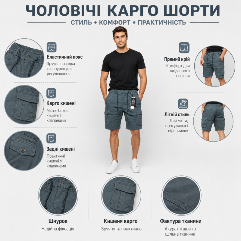 Мужские шорты Iteno Lionesa карго на резинке — летняя модель с карманами,36,  Графитовый винтаж