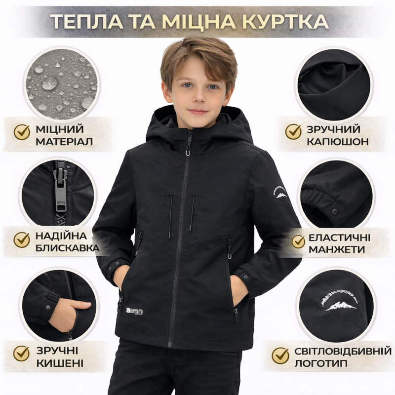 Куртка ветровка Happy House для хлопчика дитяча демісезонна з капюшоном,Чорний, 122-128