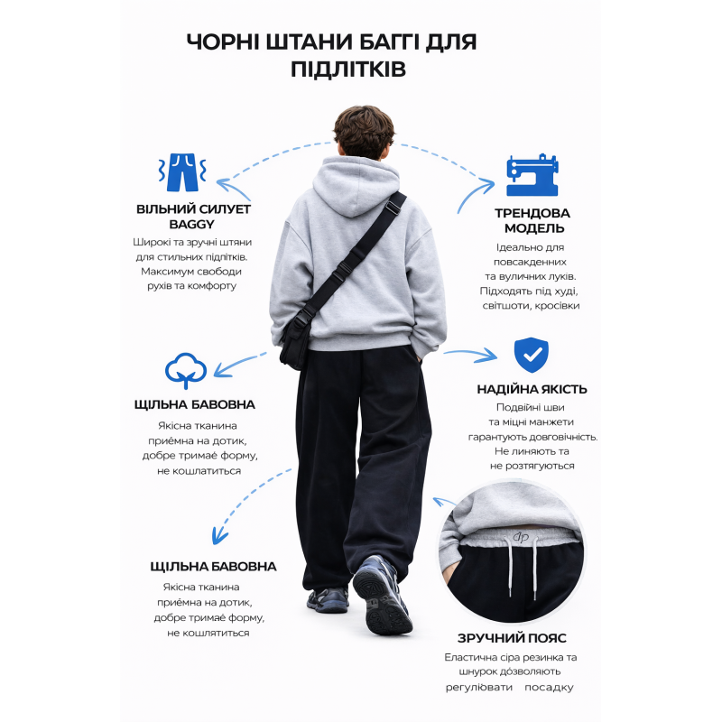 Дитячі спортивні штани баггі KDBB для хлопчика широкі трикотажні оверсайз streetwear,Чорний ,158