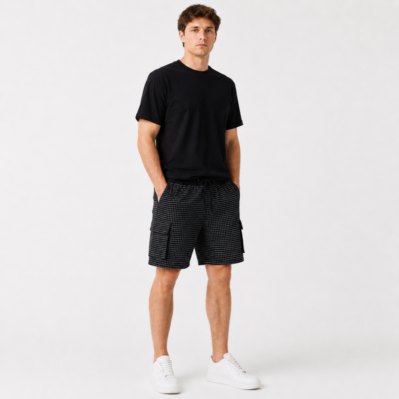 Шорты мужские Sport в клетку 2XL-6XL — летние карго шорты на резинке,Черный, XXL