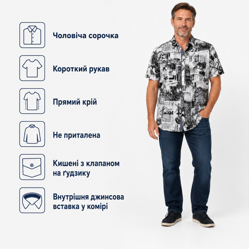 Чоловіча сорочка Gold Golf Man льон бавовна короткий рукав XL-5XL,XXL, Білий з чорним