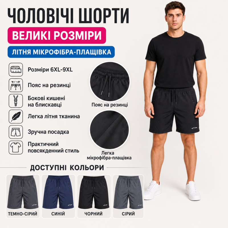 Чоловічі шорти Fore великих розмірів з літньої мікрофібри-плащової тканини,Чорний, 6XL