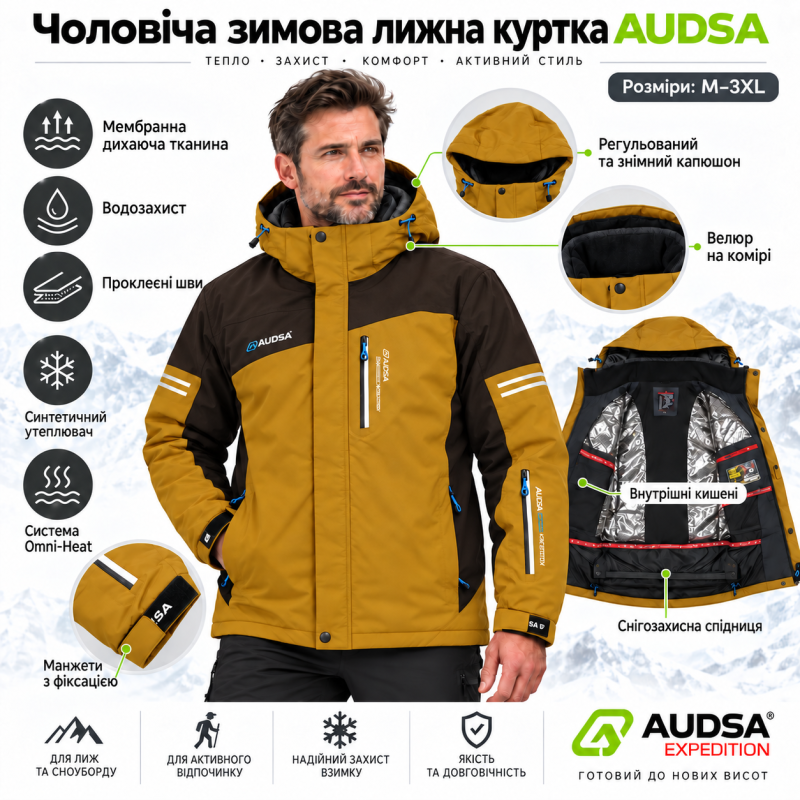 Куртка термо зимняя Audsa мужская M-3XL лыжная,Горчичный,XXL