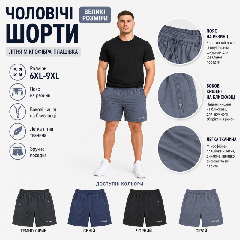 Чоловічі шорти Fore великих розмірів з літньої мікрофібри-плащової тканини,Сірий, 7XL