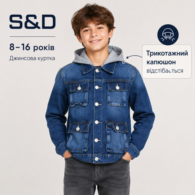 Куртка джинсовая S&D для мальчика 8-16 лет с капюшоном, 128, Синий